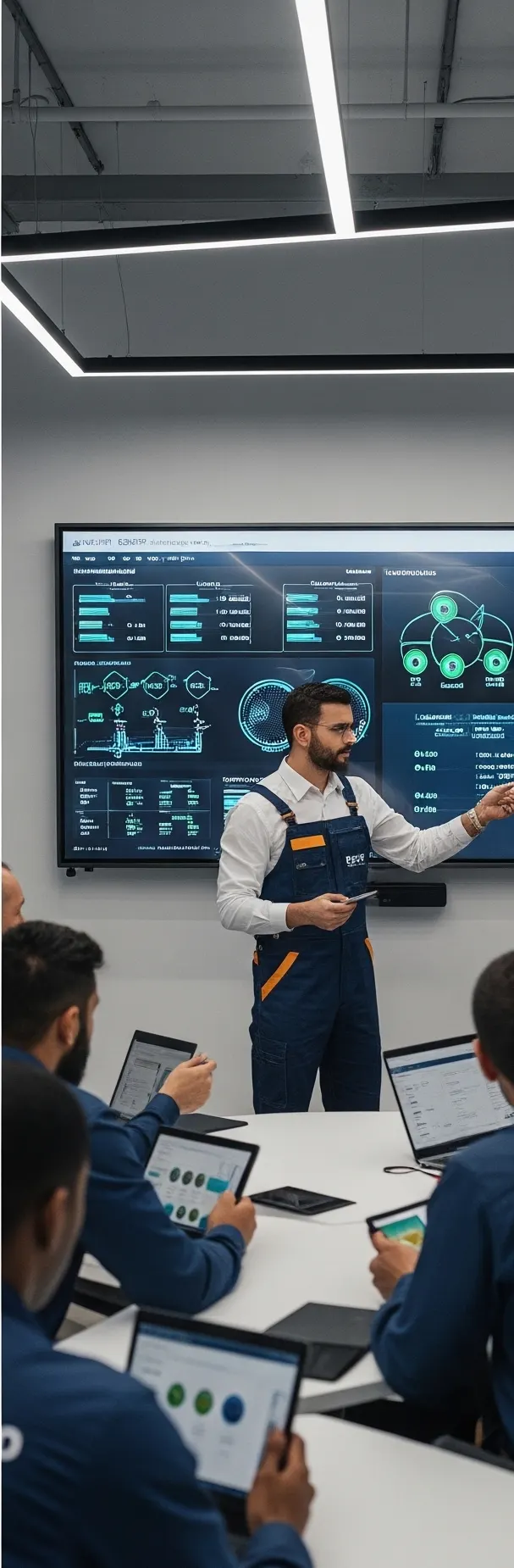 Consultor explicando um painel de monitoramento para a equipe